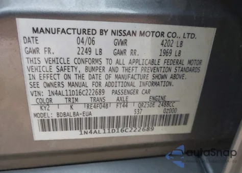 2006 Nissan Altima 2.5 S z USA, uszkodzony, nr VIN 1N4AL11D16C222689